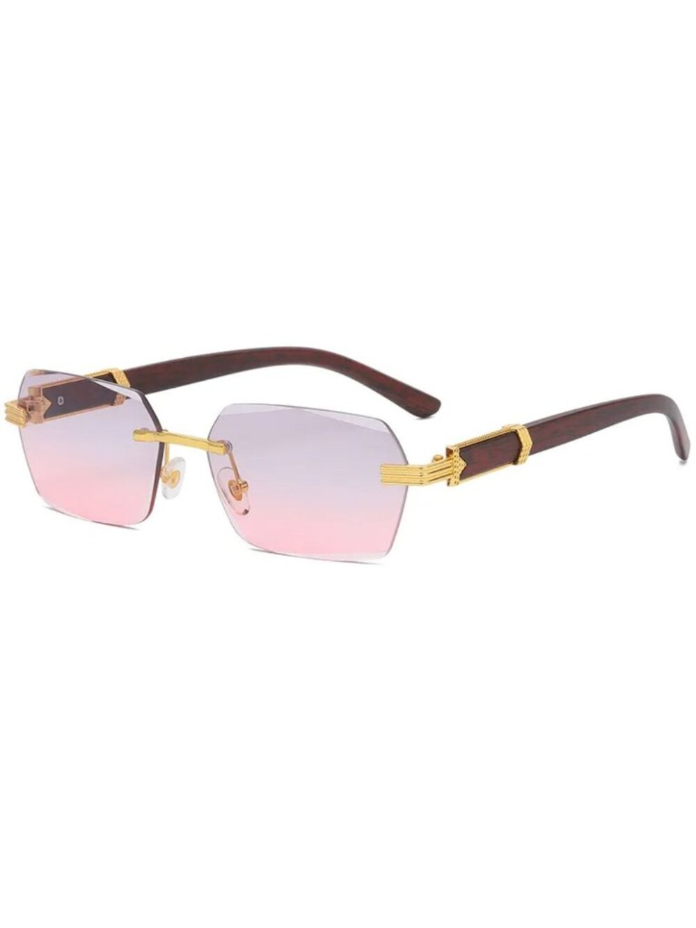 Retro Unisex Rimless Grey & Pink Gradient Sunglasses W/ Gold-Tone & Wooden Arms